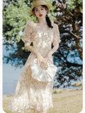 KYLETHOMASW  -  French Style Fairy Dresses for Women Print Ruffle Square Neck Elegant Dress Summer Female Puff Sleeve Flower Retro Vestidos Lady