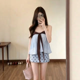 KYLETHOMASW  -  Summer Sweet Korean Style Polka Dot Halter Neck Short Skirt Set Women's Fashion Ensemble High Waist  Knot Design