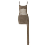 KYLETHOMASW  -  Spaghetti Strap Sexy Mini Dress Women Robe Fashion Off-shoulder Sleeveless Backless High Waist Mesh Patchwork Club Dress