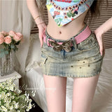 Kylethomasw   -  Y2K Vintage Willow Nail Heavy Industry Denim Skirt Women's Summer New Low Waist Sexy Wrapped Hip Short Skirt