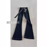KYLETHOMASW  -  Autumn Winter Vintage Style Low Rise Flared Jeans for Women with Belt Slim Fit Stretchy Floor Length Pants Tall Slimming Look