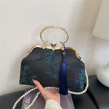 KYLETHOMASW  -  Handbag with Floral Print Gold Ring Handle with Rhinestones & Pearl Chain Tassel Decor Women's Evening Clutch Purse