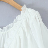 KYLETHOMASW  -  Sweet White Embroidery Hollow Out Hole Splice Lace Elastic U Collar Short Sleeve Shirt Women Center Buttons Slim Crop Tops