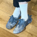 KYLETHOMASW  -  Retro Faded Denim Ballet Women 2025 Flat Bot Tie Casual Shoes Design Single Shoes Korea