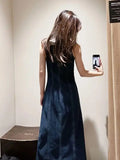 KYLETHOMASW  -  French High-end Retro Single-breasted Denim Dresses Women Summer Halter V-neck Sleeveless Slim Temperament Long Suspenders Dress