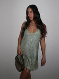 KYLETHOMASW  -  Sequined Short Dress Women Sexy Square Collar Tassels Slip Sleeveless Patchwork A-line Party Dresses Charming Ladies Streetwear