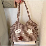 KYLETHOMASW  -  Women Cute Plaid Canvas Tote Bag Star Patch Shoulder Handbag Large Capacity Casual Student Shopping Bag Side Drawstring Design