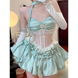 KYLETHOMASW  -  Mint Green Waist Corset Lace Spliced Strapless Dress for Women Summer New Spicy Girl High Waist Slimming Puffy Cake Mini Dress