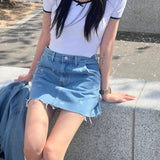 Kylethomasw   - Korean Retro Bow Lace Patchwork Denim A-line Skirt Women 2024 Summer New Streetwear High Waist Sexy Slim Frayed Mini Skirt