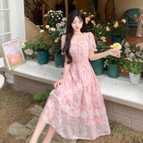 KYLETHOMASW  -  French tulip flower sweet temperament floral square neck long dress summer large size high waist thin gentle style dress