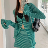 Kylethomasw  Y2k Orange Striped Suit Fungus Edge Long-sleeved Knitted Cardigan Women's  Autumn Short Skirt 2-piece Set