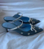 KYLETHOMASW  -  Sweet Spring Style Blue Denim Pointed-Toe Slingback Heels White Daisy Embroidery Bow Accent Adjustable Ankle Strap Stiletto Heel