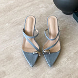 KYLETHOMASW  -  Fashion Pointed Toe Ladies High Heels Pumps Slides Shoes Female Slip On Footwear Metal Women Thin Heels Shoes Flip flops