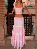 KYLETHOMASW  -  Striped Skirt Two-piece Summer New Product Bubble Sleeve Square Neck Short Top Low Waist Layered Skirt Women