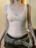 KYLETHOMASW  -  V-neck lace trimmed short sleeved T-shirt with ins European and American design, thin, solid color, tight elastic top