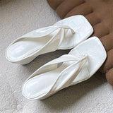 KYLETHOMASW  -  Fashion Women Beige Strap Wedge Heel Flip Flops Square Toe Slip on Mules Satin Summer Casual Beach Slides Sandals