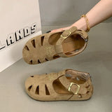 KYLETHOMASW  -  ONG Genuine Leather Hollow out Flat Roman Sandals Versatile Casual Cage oes mid Heel round Toe Summer Faion Women's oes