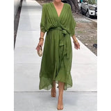 KYLETHOMASW  -  Solid Color Sash Long Dress Bat Sleeve Irregular Hemline Maxi Dress Plus Size