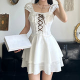 KYLETHOMASW  -  Y2K Contrast Bandage Bow A-line Mini Dress for Holiday Party Coquette Aesthetic Short Sleeve Tiered Dresses Sweet Robe