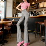 KYLETHOMASW  -  Y2K Pink Heart Print High Waist Flare Pants | Kawaii All-Over Love Bell Bottom Trousers | Barbiecore Aesthetic Summer Streetwear