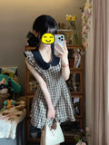 KYLETHOMASW  -  Coquette Vintage Plaid A Line Mini Dress Women Flutter Sleeve Doll Collar Lace Trim Button Front Teddy Bear Daily Party Dresses