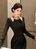 KYLETHOMASW  -  Chic Women Elegant Black Sexy Halter Slim Maxi Dress Evening Cocktail Party Club Prom Robe Female Vestidos Casual Spring Autumn