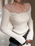 KYLETHOMASW  -  Lace Splicing Knitted Sweater Unique Beautiful Maturi Winter Faion Commute Sle Slim Fit Long Sve  Color