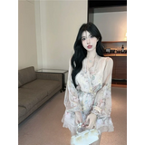 KYLETHOMASW  -  Beautiful Long-sleeved Floral Chiffon V-neck Shirt Dress for Women to Slim Down the Waist