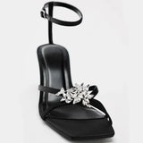 KYLETHOMASW  -  Shiny Rhinestone High Heels Women Summer New Open Toe Ankle Strap Thin Heels Dress Shoe Brand Design Rhinestone Sandals Femme