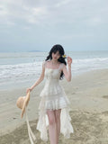 KYLETHOMASW  -  New Summer Vacation White Dress Irregular Hem Heavy Embroidery Fairy Tale Women's Dress Square Collar Fly Sleeve Beach Dress