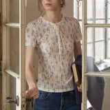 KYLETHOMASW  -  French Retro Women Summer Textured Floral Knit T-shirt Lace Collar Half Button Short Sleeve Casual Blouse