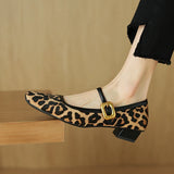 Kylethomasw NEW Spring/Autumn Women Pumps Square Toe Chunky Heel Shoes Horsehair Leopard Shoes for Women Concise High Heel Buckle Mary Janes