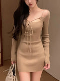 KYLETHOMASW  -  Elegant Knitted Dresses for Women Fashion Chic Long Sleeve Lace-up Evening Party Mini Dress Female One Piece Casual Vestidos New