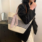 Kylethomasw Cross Border Scarf Straw Woven Shoulder Bag 2024 New Summer French Commuter Shoulder Bag Leisure Large Capacity Woven Bucket Bag