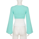 KYLETHOMASW  -  Autumn Korean Color Blocked V-neck Fake Two Piece Shirt Casual Flared Sleeves Spicy Girl Slim Fit Tee Y2k Harajuku Top 여성 반팔 니트