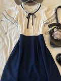 KYLETHOMASW  -  Japanese Sweet Bow Slim Dress Woman Vintage Cute Polka Dot Flounce Fake Two Piece Dresses Short Sleeve Casual Patchwork Clothes