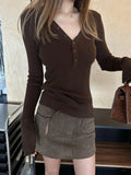 KYLETHOMASW  -  Y2k Slim V Neck Long Sleeve Single Breasted Solid All Match Knitted Women Clothing