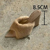 KYLETHOMASW  -  Plush Women's Autumn Slippers French Pointed Open-toed Fluffy Slippers Home Outdoors Fashion Wedge Shoes Women Heels Highquality