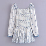 KYLETHOMASW  -  Fashion Women Floral Hollow Out Embroidery Elastic Mini Dress Vintage Long Sleeve Female Super-Short Dress Summer Robe