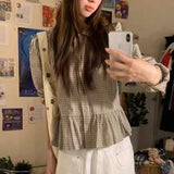 KYLETHOMASW  -  Korean Chic Autumn Plaid Shirt Women Long Sleeve Peter Pan Collar Ruffled Loose Single Breasted Blouse Retro Blusas Mujer