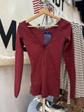 KYLETHOMASW  -  Vintage Burgundy Slim Long Sleeve T-shirt Woman Spring Bandage V-neck Slim Tee Top Casual All-match Preppy Style Cotton Tshirts