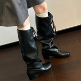 KYLETHOMASW  -  Women High Heels Knee High Boots Designer New Leather Shoes Winter Sexy Chunky Long Boots Lace Up Shoes Chelsea Botas Woman