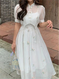 Kylethomasw Dress Sets 2024 Summer Women Chinese Style Floral Hight Waist Mesh Midi Dresses Elegant Casual Gentle Wind Female Dress Vestidos