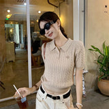 KYLETHOMASW  -  Summer Elegant Flower Embroidery Knitwear Fashion Polo Collar Short Sleeved Twists Knit T-Shirt Women Casual Slim Short Top 100A
