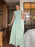 KYLETHOMASW  -  Elegance Sleeveless Striped Pleated Women Dress Slim A-line Flared Chic Robes 2025 Summer Party Vacation Female Maxi Dresses