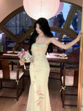 KYLETHOMASW  -  Vintage Printed Women Bodycon Dress Summer Slim Waist Spaghetti Strap Package Backless Hip Dress Female