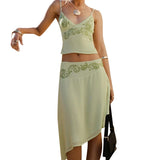 KYLETHOMASW  -  Women 2 Piece Skirt Outfit Boho Floral Spaghetti Strap Backless Tie Up Cami Crop Top Irregular Hem Midi Skirt Holiday Beachwear