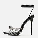 KYLETHOMASW  -  Summer Black High Heels Sandals Women Fashion Peep Toe Crystal Narrow Band Stiletto Pumps Ankle Lace Up Party Dress Shoes