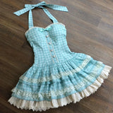 KYLETHOMASW  -  Women Sweet Mini Dress Halter Gingham Bow Button Front Lace Ruffle Hem Slim Fit Suit Cottagecore Lolita Picnic Summer Outfit New