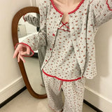 KYLETHOMASW  -  Women Autumn Sweet Floral Print 3-Piece Pajama Set Lace Trim Long Sleeve Cardigan Cami Pants Soft Home Loungewear For Ladies
